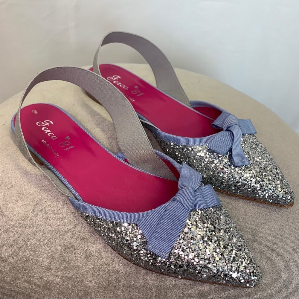 FERCA 81 Silver glitter blue bow Slingback flats Sz 39